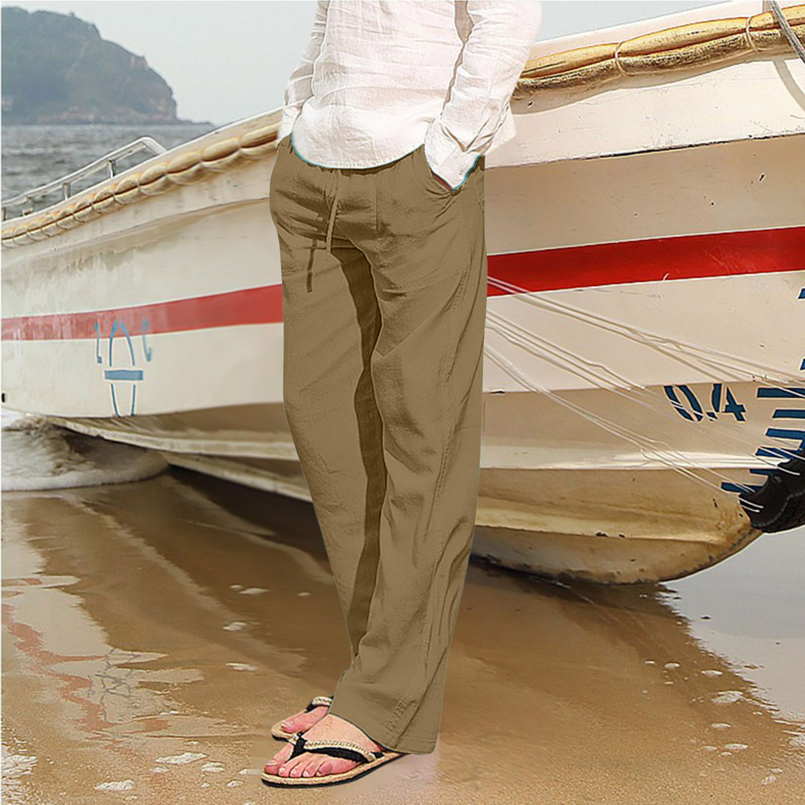 thumbnail image 4 of Pantalones deportivos holgados de hip hop para hombre - Algodón y lino, transpirables - Para todas las estaciones, cuatro bolsillos - Informales/playa/deporte - Tallas del Reino Unido/UE/EE. UU., l, 4 of 6